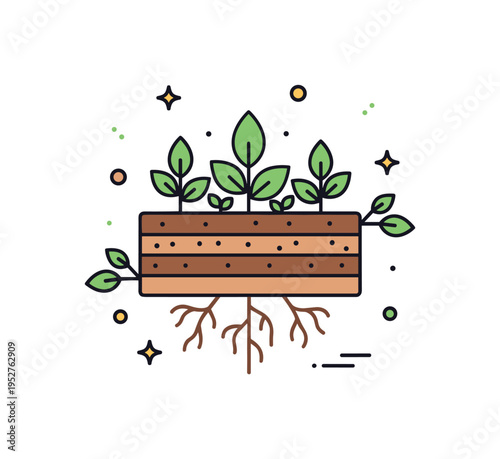 Cover crops improving soil health illustrated by a neat patch of layered earth with strong green plants growing above and visible roots spreading below,