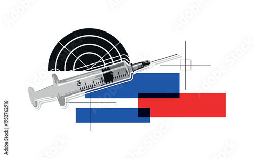 A black and white realistic syringe in retro photographic style, layered as a cut-out object with subtle white outline, bold geometric semicircles radiating