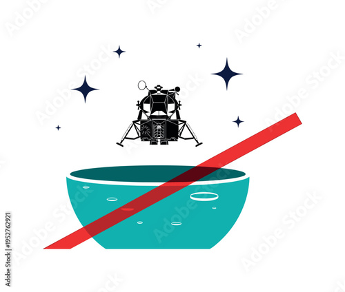 Black and white lunar module descending toward simplified moon surface, vivid teal half circle anchoring the base like a crater rim, bright red diagonal stripe