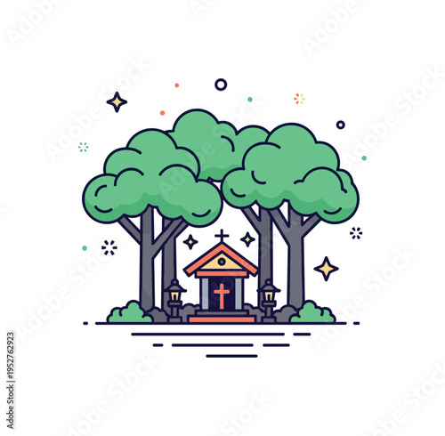 Forest shrine among trees featuring a small shrine silhouette beneath broad tree canopies with subtle spark accents, expressing devotion, peace, and sacred