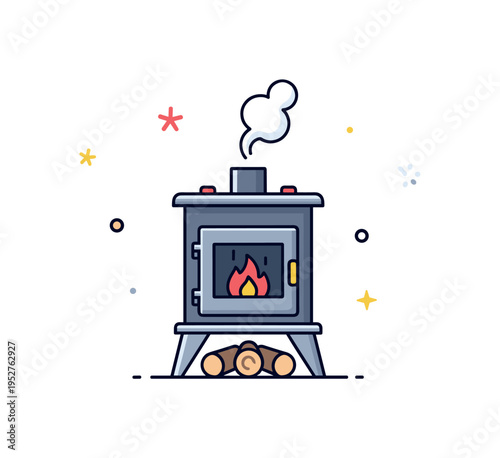 Wood burning stove compact cast iron stove with visible fire inside and small smoke curl above, expressing rustic warmth and traditional heating style.