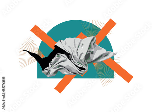 monochrome abstract splash shape morphing into textile folds, bold teal semicircle backdrop and orange rectangular overlays intersecting layout, fine radiating