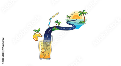 A winding road emerges from a glass of orange juice, leading to a tropical island with palm trees and a sunset.