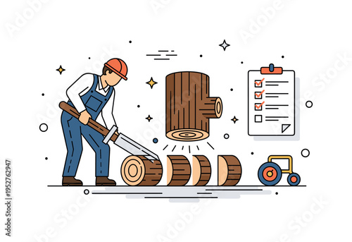 Wood processing workflow depicted by a logger cutting a trunk into uniform sections with a small checklist icon nearby, symbolizing organized timber production