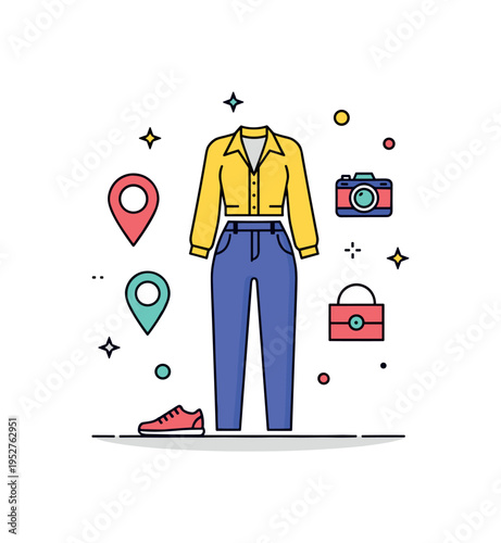 Street style influencer look centered on a confident outfit silhouette with subtle location pin and camera accents to express urban fashion content creation.