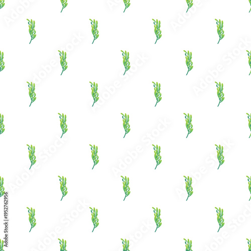 Green leaf branches forming a repeating pattern on white background