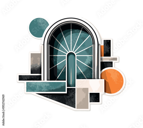 rounded modern window frame detail, geometric circles and radial lines expanding from the window center, abstract blocks balancing the composition, collage