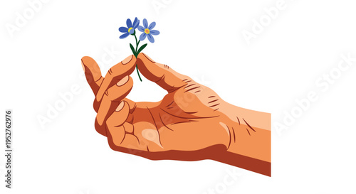 A human hand gently holds two small, vibrant blue flowers with green stems and yellow centers against a plain white background.