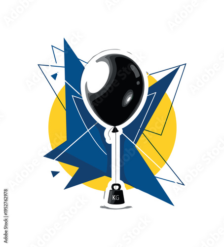 Black and white balloon tied to a small weight block, vivid yellow circle behind contrasting with deep blue angular shapes, diagonal linear accents showing