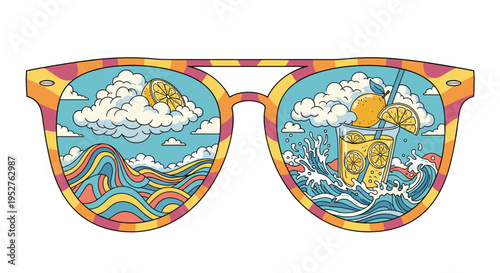 A pair of stylish sunglasses reflects a wavy landscape with clouds and a sliced orange in one lens, and a refreshing drink with splashes in the other.