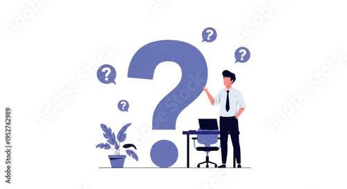 Vector flat design illustration of a businessman standing near a desk with a large question mark and potted plant on a white background.