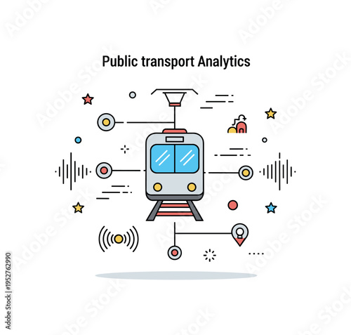 Public transport analytics showing a metro train icon connected to small data nodes and signal waves, highlighting performance tracking and commuter insights.