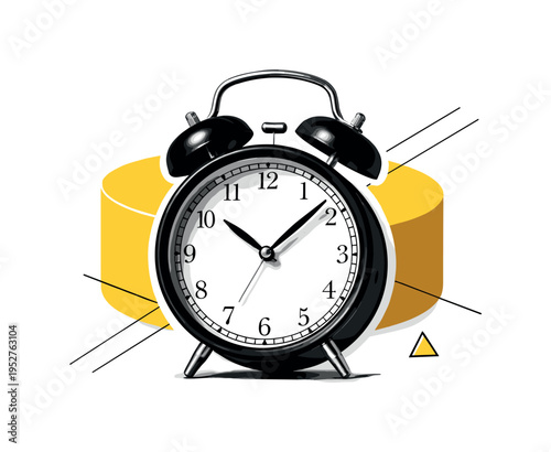 Black and white classic alarm clock overlapped with bold yellow cylinder and thin crossing lines, small geometric triangle symbol integrated subtly, white