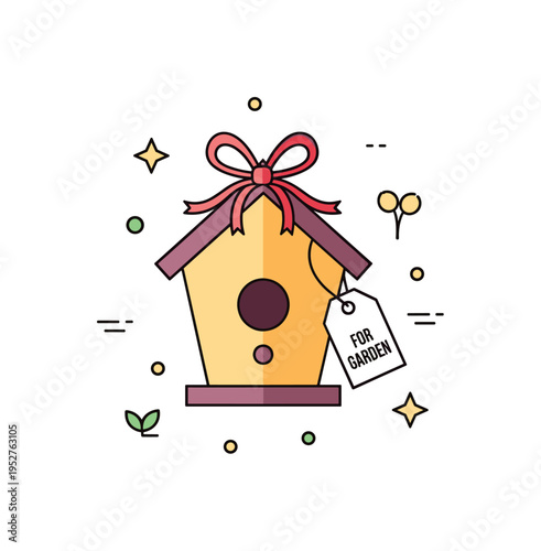 Handmade gift idea completed birdhouse tied with a ribbon bow and a small tag reading For Garden. A thoughtful concept illustration about crafting meaningful