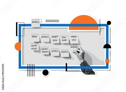 Black and white participants writing goals on sticky notes placed on a wall, bold blue rectangular frame enclosing the notes, orange semicircle partially