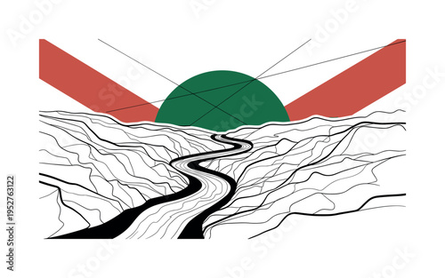 Black and white winding river cutting through rocky terrain, bold deep green semicircle backdrop behind upper flow, terracotta red diagonal stripe slicing