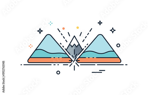 Plate boundary collision illustrated by two triangular land shapes pressing together and forming a small mountain peak at the center. A concise metaphor of