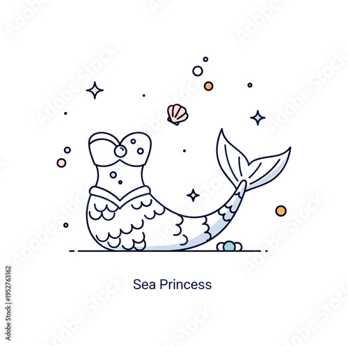 Fairy tale costumes mermaid inspired outfit featuring a simple shimmering tail silhouette with small bubble accents and a shell detail, symbolizing underwater