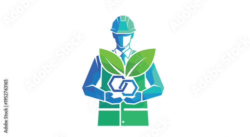 A low-poly illustration of a person wearing a blue hard hat and green vest, holding two green leaves and two interlocking hexagonal shapes on a white background.