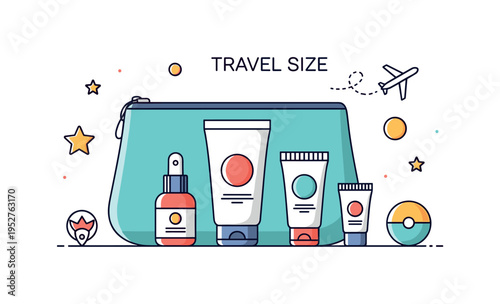 Travel size skincare collection displayed as mini bottles and tubes inside a compact pouch silhouette, communicating convenience and portability for beauty on