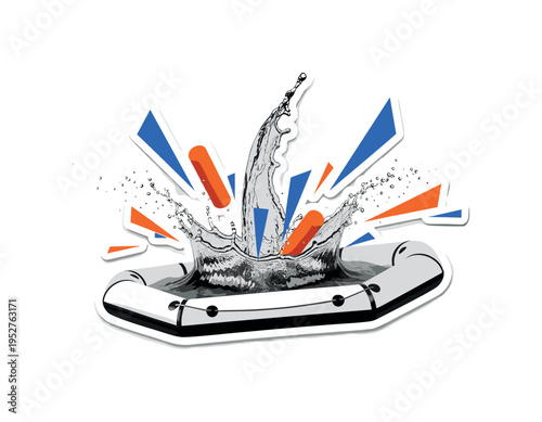 Black and white dramatic splash frozen mid-air around raft, geometric triangular fragments and cylindrical forms emphasizing explosive movement, electric blue