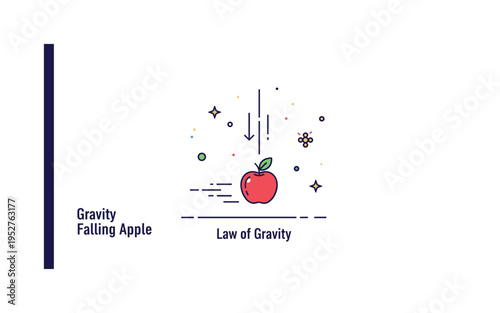 Gravity in action falling apple concept with a single apple descending toward a simple ground line, subtle motion marks emphasizing downward pull and natural