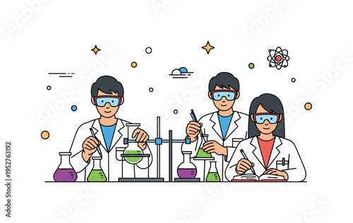 Laboratory work in higher education with students conducting experiments, wearing lab coats and goggles, highlighting scientific inquiry and
