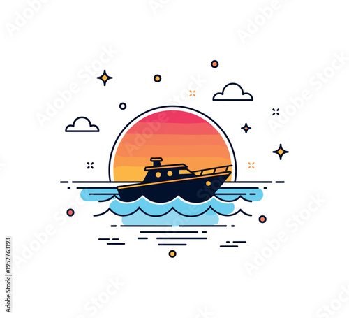 Yacht sunset cruise concept depicted by a small boat silhouette on calm waves beneath a stylized setting sun, symbolizing upscale adventure and romantic