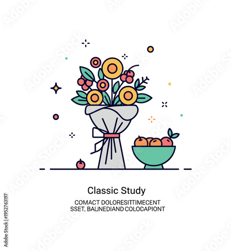 Artistic still life moment featuring a bouquet positioned beside a small fruit bowl on a table. Clean tabletop line, tiny sparkle accents and a short ?Classic