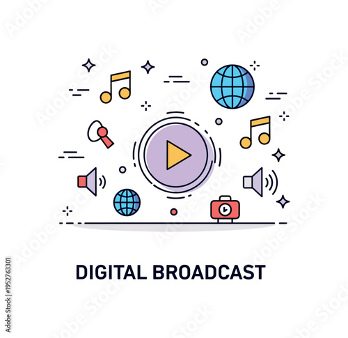 Using online radio global music culture illustration with a central play button icon surrounded by small note and globe accents, symbolizing cultural diversity