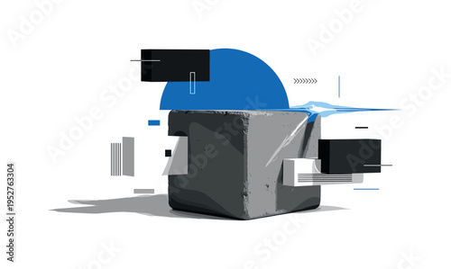 Monochrome industrial iron block with rough texture, intersected by a large blue semicircle and abstract rectangular blocks, diagonal flash of light slicing