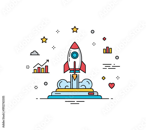 Startup launch milestone concept built around a rocket icon rising from a minimal product platform, expressing growth, ambition, and successful market entry.