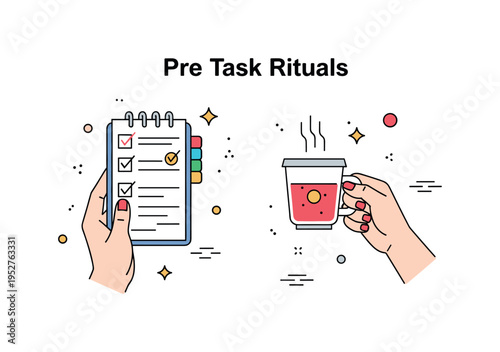 Pre-task rituals depicted by checking a digital planner or to-do list while sipping a morning beverage, emphasizing organization and readiness. Minimalist flat