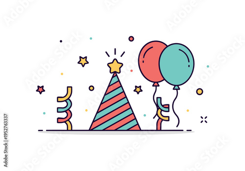 Kids birthday party decoration scene represented by a cheerful party hat, two balloons and curled ribbons arranged in balanced composition,