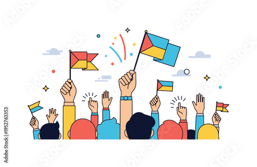 Community crowd participation theme shown through raised hands holding small flags with subtle confetti accents, symbolizing inclusion, diversity, and shared