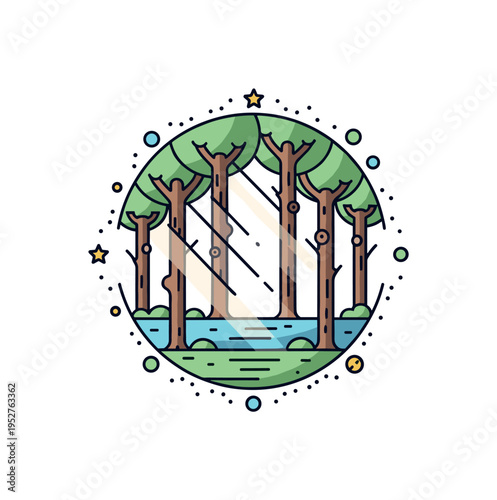 Sacred grove atmosphere illustration built around a circular arrangement of trees with gentle light rays filtering between trunks, expressing mystery and
