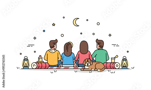 Outdoor movie night with a picnic-style setup, blankets and lanterns around, a dog lying beside the group, conveying warmth, leisure, and friendly