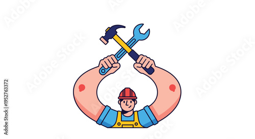 A cartoon construction worker with a red hard hat and blue overalls is holding a hammer and a wrench, with his arms curved around his body.