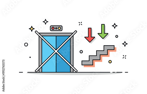 Using stairs not elevator elevator icon crossed out beside staircase symbol with directional arrows downward. A clear editorial illustration about safe