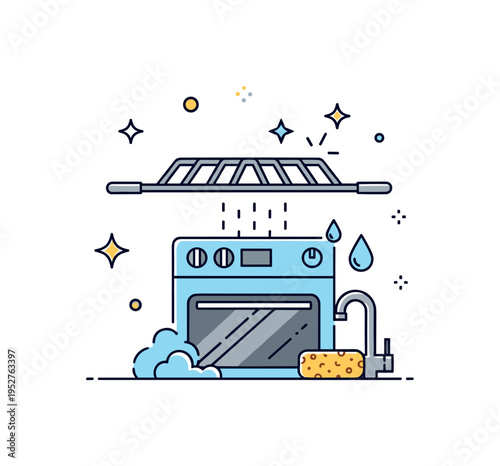 Oven rack washing removable rack placed above a sink icon with water droplets and sponge nearby, expressing thorough cleaning steps. A neat concept badge about
