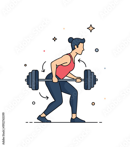 Fitness coach demonstrating hip hinge movement for deadlifts represented by a side profile silhouette pushing hips back with a barbell close to the body,