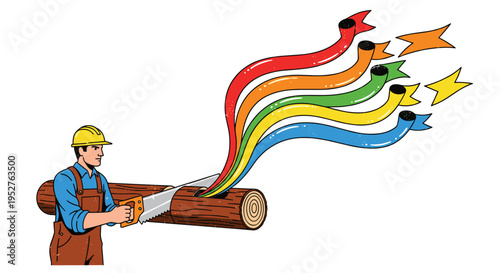 A cartoon lumberjack wearing a hard hat and overalls is actively sawing a large brown log, from which five colorful ribbons emerge and gracefully flow upwards.