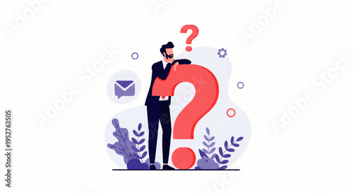 A man in a suit stands thoughtfully next to a large red question mark in a Vector Flat Design Ilustration with purple plants and symbols.