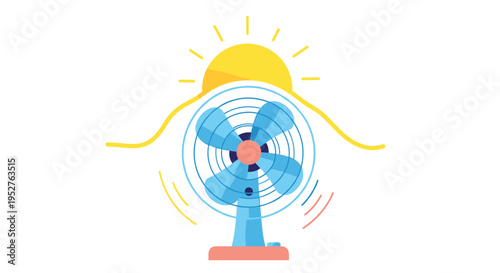 A light blue desk fan with spinning blades is actively blowing wavy yellow air currents towards a bright yellow sun positioned directly above it.