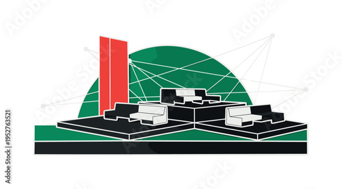 Black and white modular park seating arranged on elevated platforms, bold emerald green semicircle forming base landscape, bright red vertical accent block to