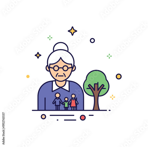 Family heritage and roots concept centered on a grandmother silhouette combined with a small tree icon, symbolizing ancestry, continuity, and generational
