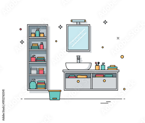 Compact bathroom storage solution combining vertical shelving and under sink drawers in a harmonious geometric layout. The visual metaphor highlights