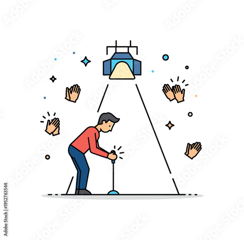 Standing ovation musical finale illustrated by a performer taking a bow under a spotlight with small applause hand icons and star accents, expressing