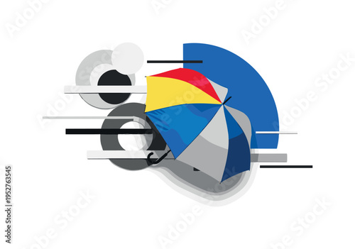 black and white realistic umbrella floating alone, canopy divided into saturated color panels, thin black structural lines extending outward like sun rays,