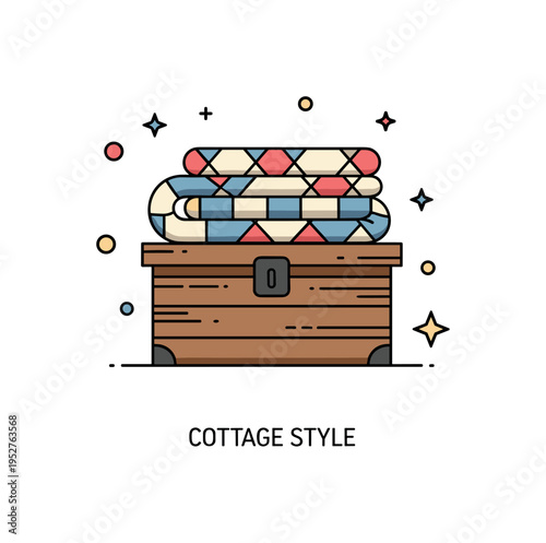Faded quilt rustic decor accent with a neatly folded blanket placed on a simple wooden chest silhouette, expressing understated country style and lived in